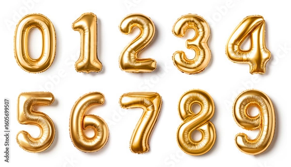 Fototapeta Set of gold foil number balloons from 0 to 9 arranged neatly on a white background