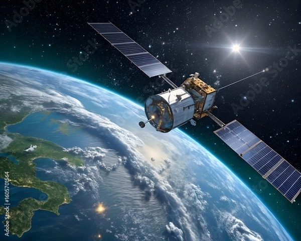 Obraz A satellite orbits the earth in outer space