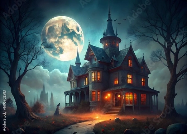 Obraz A haunted house under a full moon