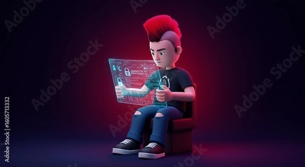 Fototapeta 3 d cartoon character using tablet