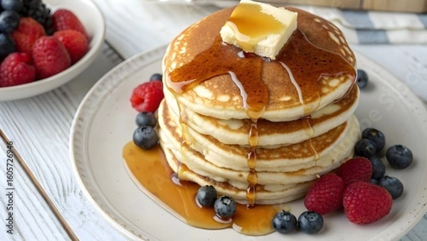 Fototapeta pancake stack with dripping honey from above with berries served on white plate