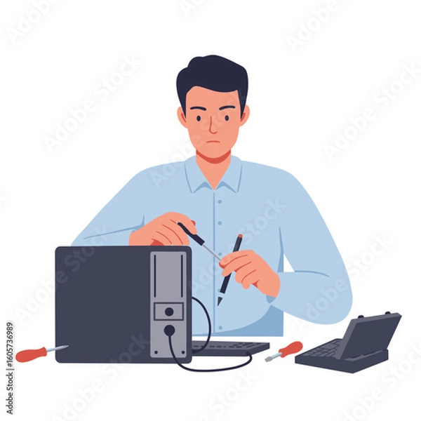 Fototapeta Concentrated Technician Repairing Desktop Computer Tower with Precision Screwdriver.