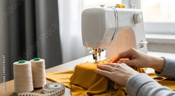 Fototapeta Woman's hands operating a white sewing machine, focused on golden fabric