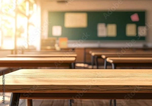 Fototapeta Wooden tabletop with a blurred background of a school classroom interior, high-definition, photorealistic image.