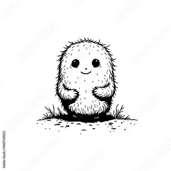 Fototapeta Adorable fluffy creature on the ground: A charming, whimsical illustration showcasing a cute character with a friendly smile, surrounded by grass