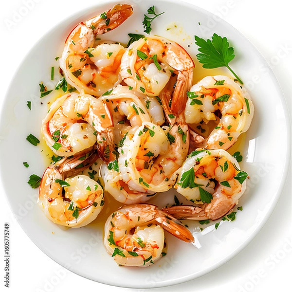 Fototapeta Garlic Butter Shrimp with Fresh Parsley on a White Plate