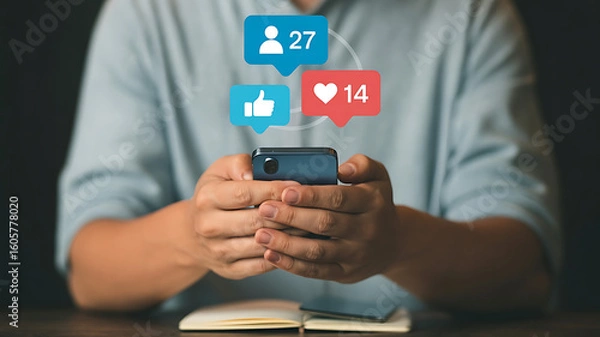 Fototapeta Check out my social media likes and followers on my smartphone, stay connected and feel inspired