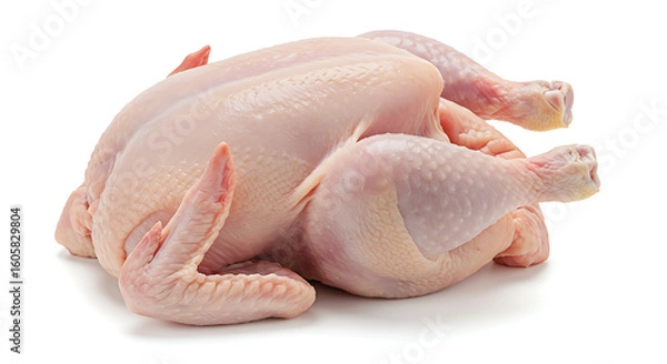 Obraz A fresh, whole raw chicken, meticulously cleaned and presented against a clean white background.