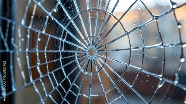 Fototapeta Stunning close up of spider web adorned with droplets of water showcases intricate beauty of urban decay in mixed media