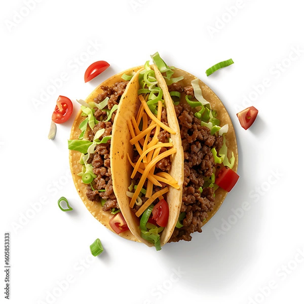 Fototapeta Three beef tacos with lettuce, cheese, and tomatoes on a white background