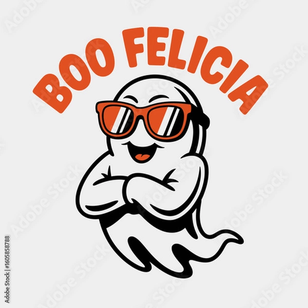 Fototapeta Boo Felicia card with ghost in sunglasses, playful Halloween, printable sticker, typographic vector illustration