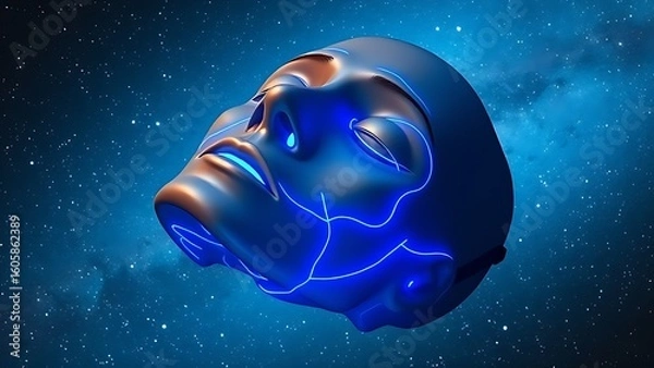 Obraz A surreal floating mask with glowing blue veins against a cosmic backdrop, symbolizing sleep apnea's silent epidemic.