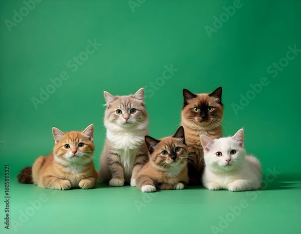 Fototapeta Ai generated image group of cats with green background