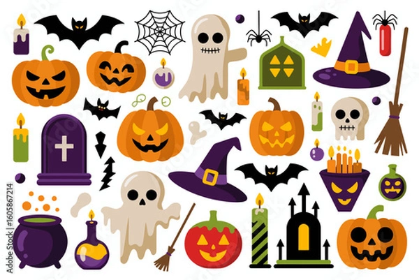 Fototapeta Spooky Halloween collection with skull, pumpkin, ghost, cauldron, witch hat, gravestone, potion, spider web, bat