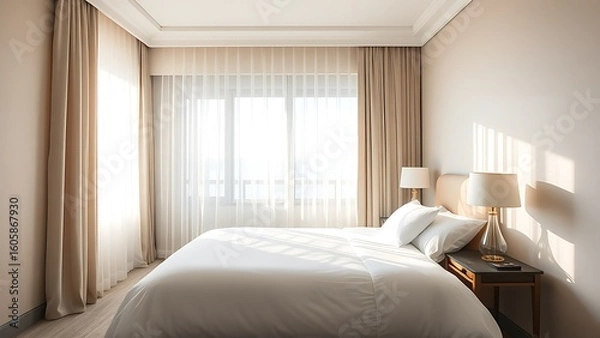 Fototapeta A serene hotel room bathed in morning light, with neatly made bed and sheer curtains.