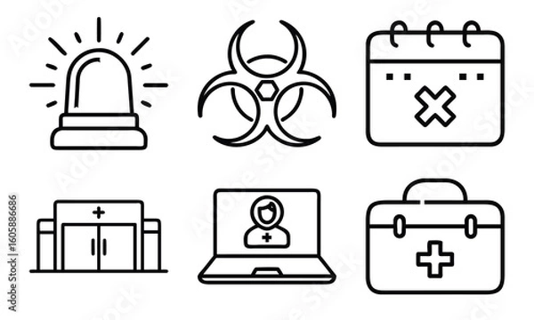 Obraz Essential Medical Line Icons Set – Emergency Alert, Biohazard, Medical Appointment, Hospital, Telehealth Consultation, and First Aid Bag Symbols for Healthcare Design Projects