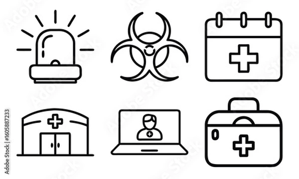 Fototapeta Essential Medical Line Icons Set – Emergency Alert, Biohazard, Medical Appointment, Hospital, Telehealth Consultation, and First Aid Bag Symbols for Healthcare Design Projects