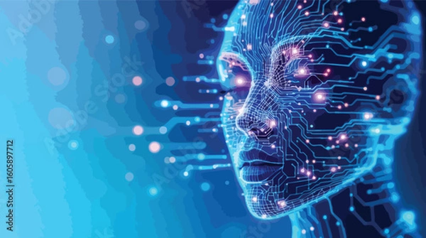 Fototapeta Artificial intelligence technology depicted in a digital portrait of a human face.