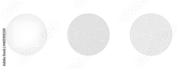 Fototapeta Black halftone circle set. Sonar or sound wave ring collection. Halftone and linear epicentre, target, radar icon concept. Ripple concentric signal vibration elements.