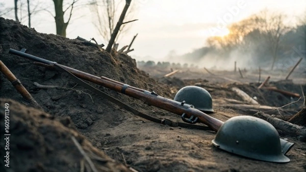 Fototapeta Vintage Military Equipment in a Battlefield Setting at Sunset