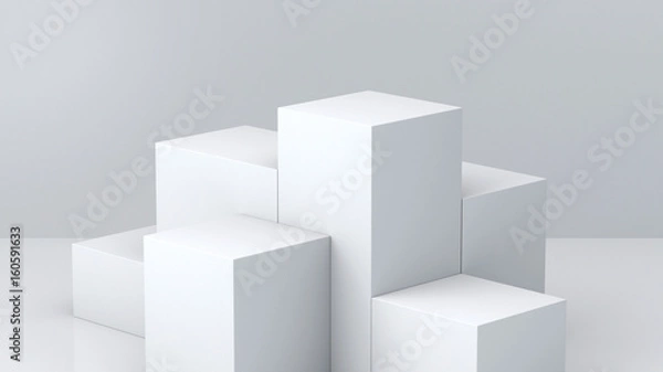 Obraz White cube boxes with white blank wall background for display. 3D rendering.
