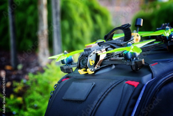 Fototapeta First person view drone sitting on a backpack with a garden in the background