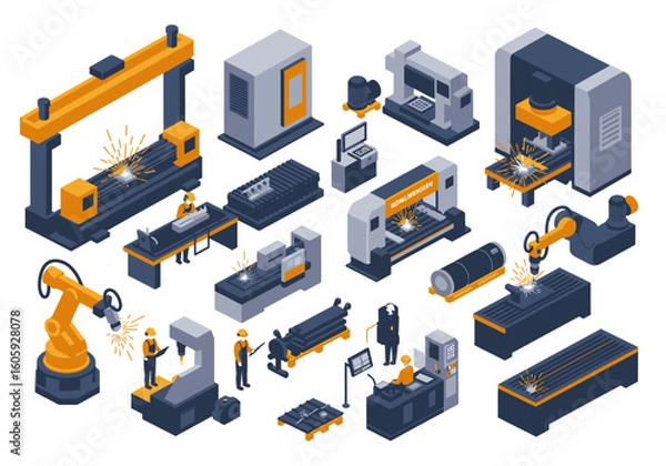 Fototapeta Isometric illustration factory machines robots welding workers wearing helmets