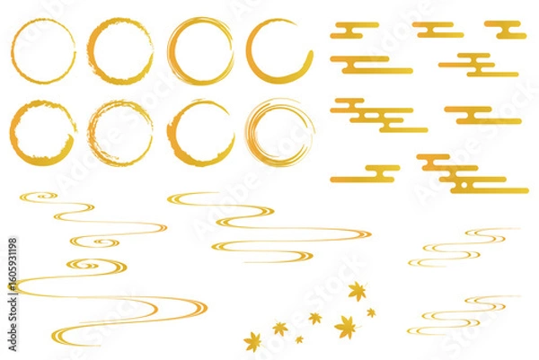 Obraz 和風の装飾イラストセット　吉祥文様　流水紋　エ霞　筆丸