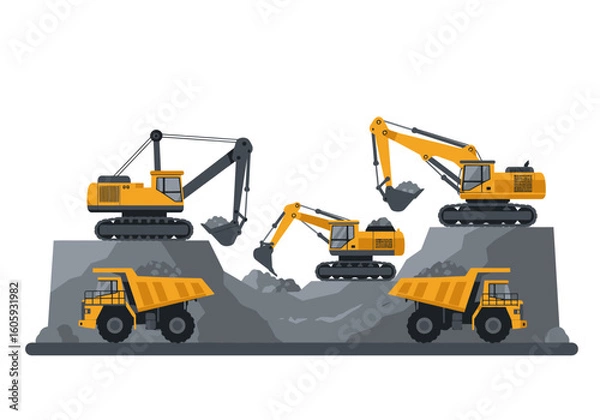 Obraz Mining scene excavators load ore into trucks on a gray terrain