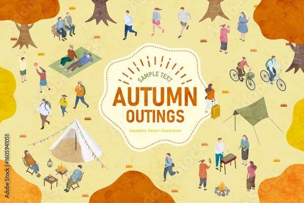 Obraz 秋の行楽を楽しむ人々のアイソメトリックイラスト　水彩画イラスト