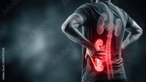 Obraz Man Experiencing Intense Lower Back Pain, Glowing Graphic Displays Internal Anatomy On Dark Background