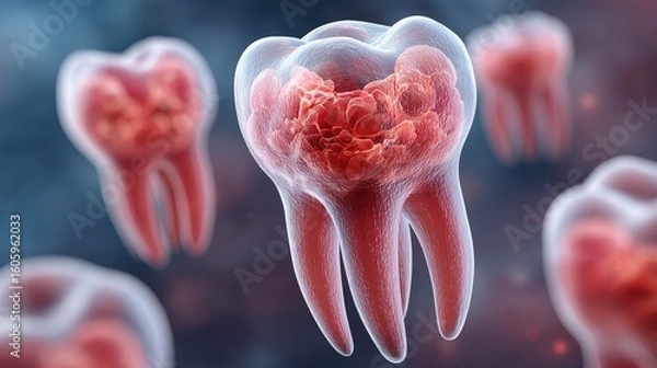 Obraz Microscopic View Of Tooth Decay Red And Blue Particles On A Tooth