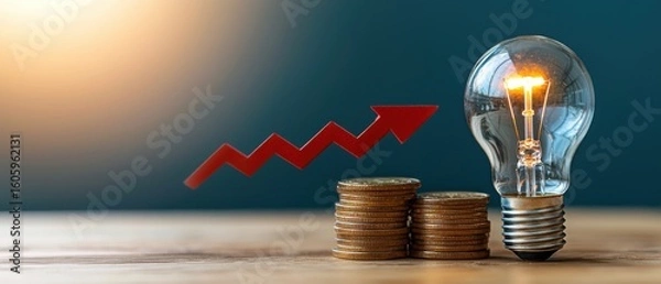 Fototapeta A glowing lightbulb placed next to a stack of coins, representing the concept of financial investment, wealth accumulation, and the potential for growth and prosperity.