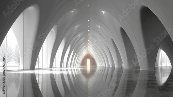 Fototapeta Modern White Architectural Interior with Reflective Floor and Arched Corridor