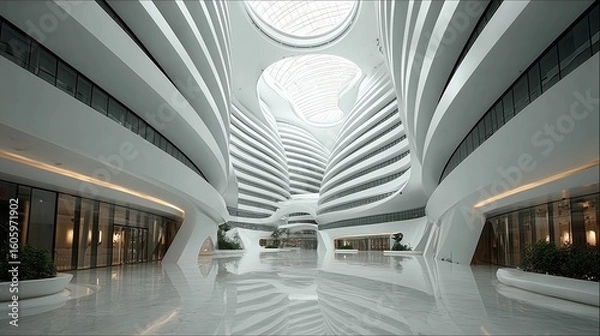 Fototapeta Modern White Atrium Interior with Curved Walls and Reflective Floor