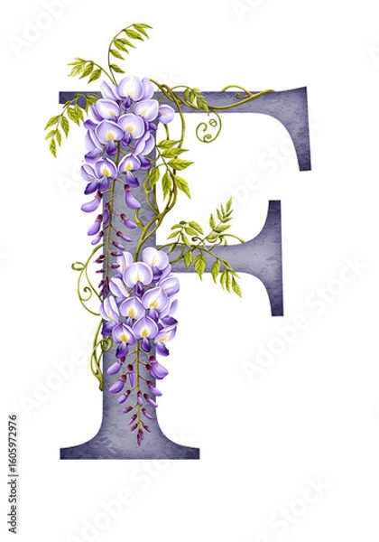Obraz Elegant Floral Letter F Illustration, Wisteria Design png, isolated on transparent background