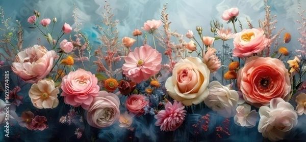 Fototapeta A vibrant arrangement of various flowers in soft colors against a dreamy background.