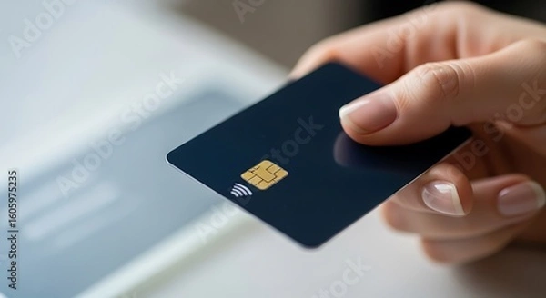Fototapeta Close-up of a hand holding a dark-colored credit card.