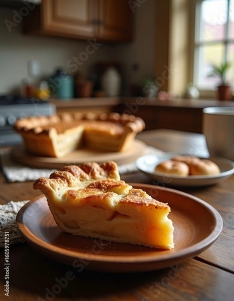 Fototapeta Slice of Homemade Apple Pie on Rustic Plate in Cozy Kitchen Setting