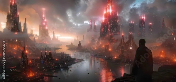 Fototapeta A futuristic cityscape with glowing towers and a reflective river under a dramatic sky.