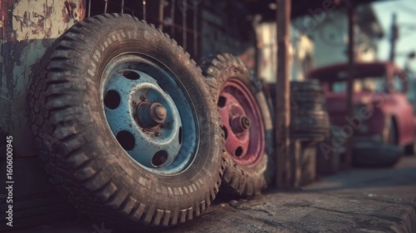 Obraz Rusty Vintage Tires and Wheels Against a Building Exterior