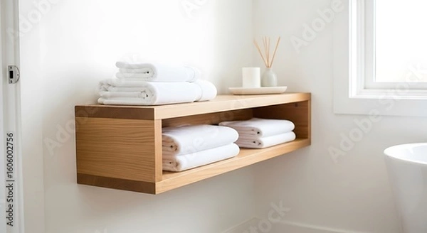 Fototapeta Modern wooden floating shelf displaying neatly folded white towels and a small decorative item