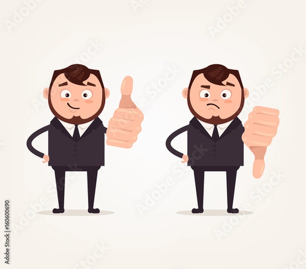 Fototapeta Happy smiling and angry sad businessmen office worker characters show likes and dislikes hand gesture sign.  Vector flat cartoon illustration set