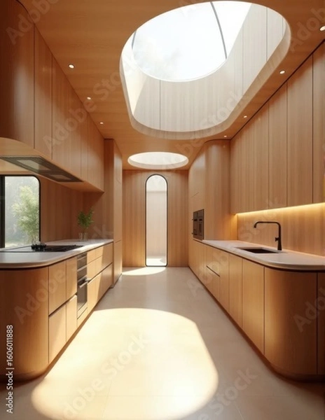Fototapeta A sleek wooden kitchen with continuous counters and multiple skylights for abundant natural light