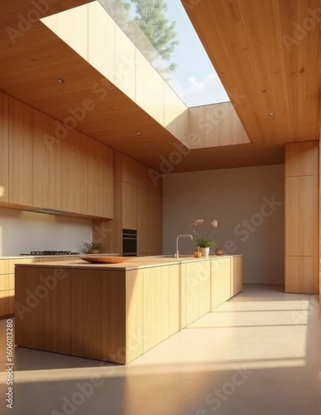 Fototapeta A spacious kitchen with a large island wooden cabinetry and an overhead skylight