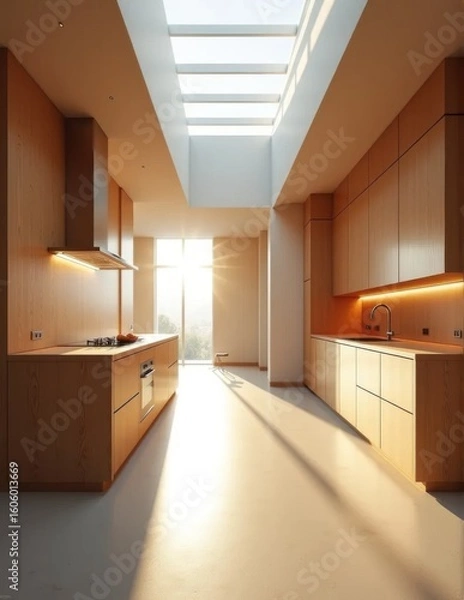Fototapeta A long sunlit kitchen with a strip skylight and clean wooden cabinetry creating a luminous space