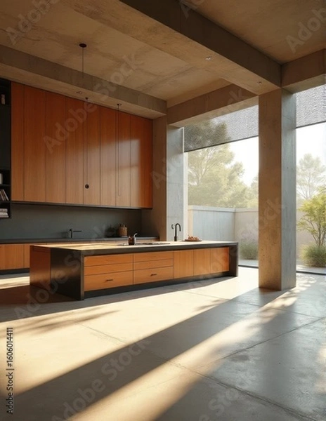 Fototapeta A modern kitchen with concrete columns and floor featuring wooden cabinetry and large windows