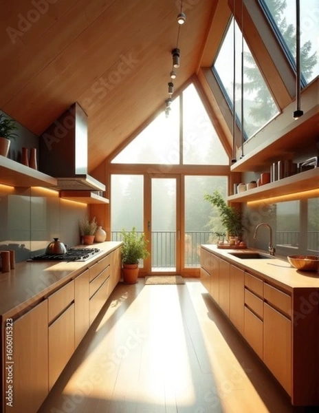 Fototapeta A modern kitchen with a high vaulted wooden ceiling and expansive windows offering a view of a misty forest