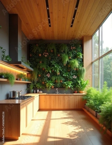 Fototapeta A modern kitchen featuring a prominent green wall with various plants combined with wooden elements and large windows