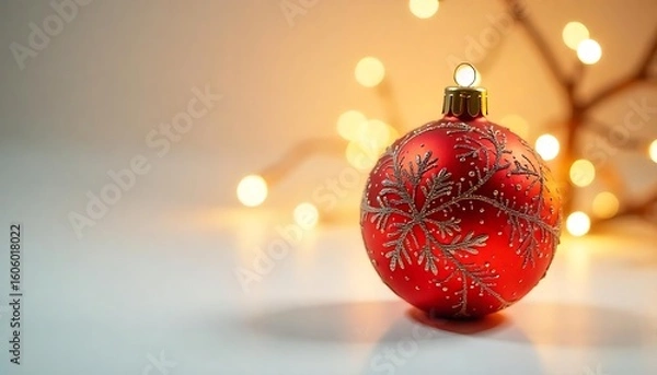 Fototapeta Festive holiday spirit with a shimmering red Christmas ornament against warm bokeh lights creating a cozy mood.